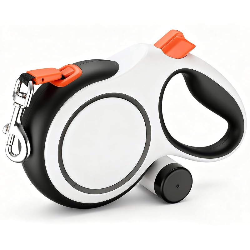 Guia retrátil para cães Segarty com trava de freio, alça antiderrapante e suporte para saquinhos, 8 m, White-Orange