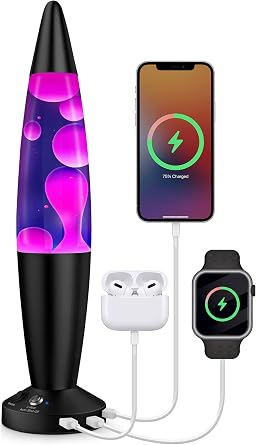 JAMBO 16-Inch Beautiful Lamp with Wax, Relaxing Night Light Home Decor, Extra Tall, Living Room Office Bedroom Lamp for Adults, Teens, Kids USB, Auto Shut Off, Black Base, Purple Liquid, White Wax
