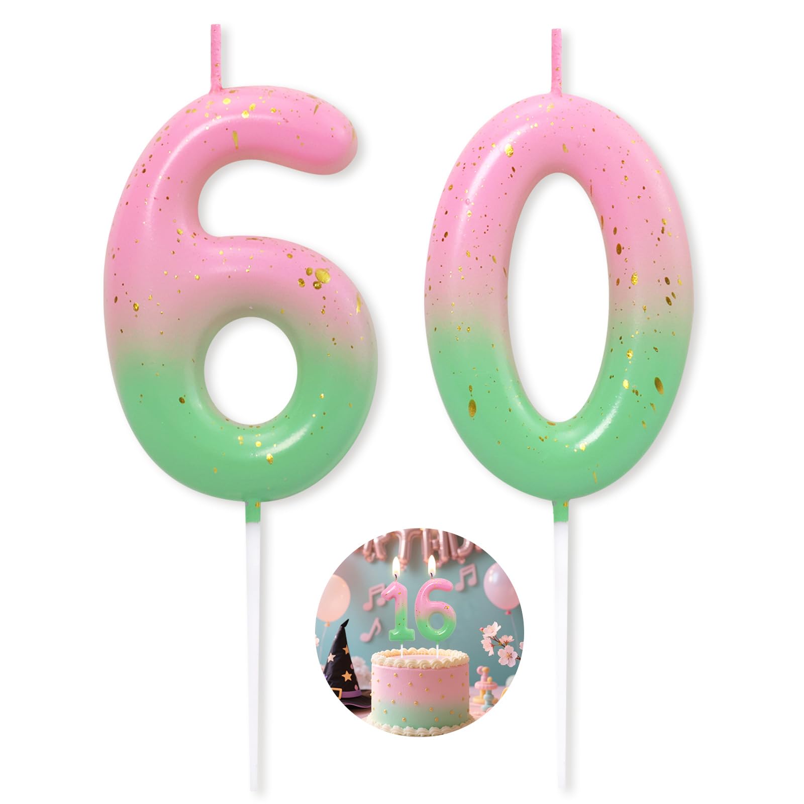 Pink Green Number 60 Candle Happy Birthday 3D Number Candles for Birthday Cake Party Decoration Wedding Anniversary Celebration Supplies