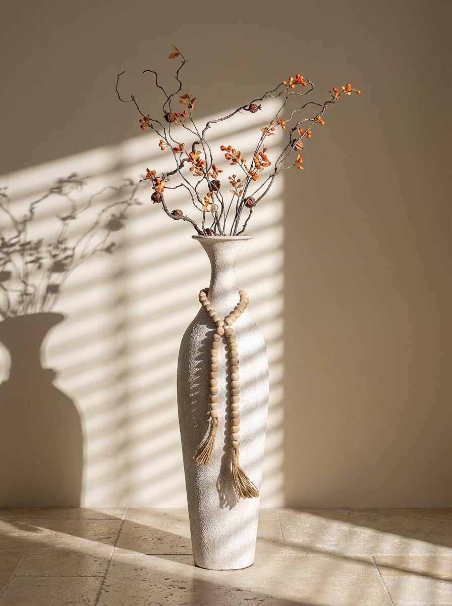 Sziqiqi Vaso da Terra Alto Bianco: 60 cm Grandi Vasi Rustica con Perline Boho per Pampas Piante Finte - Metallo Vaso Alto da Interno per Decorazione Casa Soggiorno Stile Farmhouse Camino