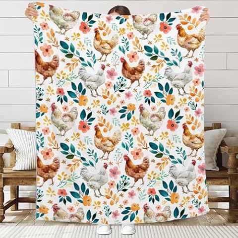 JL-JOYLIVELY Chicken Blanket Rooster Hen Throw Blanket, Chicken Lovers Gift for Boys Girls, Chicken Pattern Decor for Travel Picnic Camping, Floral Chicken Animal Gift Idea,50"x60"-Teens/Travel Size Cover