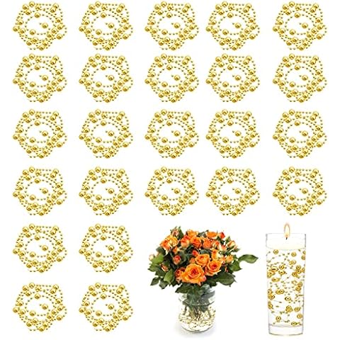 24pcs Gold Artificial Pearl String for Floating Candles, 39.37 in Artificial Pearl Beads Filled Garland Floating Candles DIY Candle Decoration, Table Center Decoration Vase Filled Christmas decoration Cover