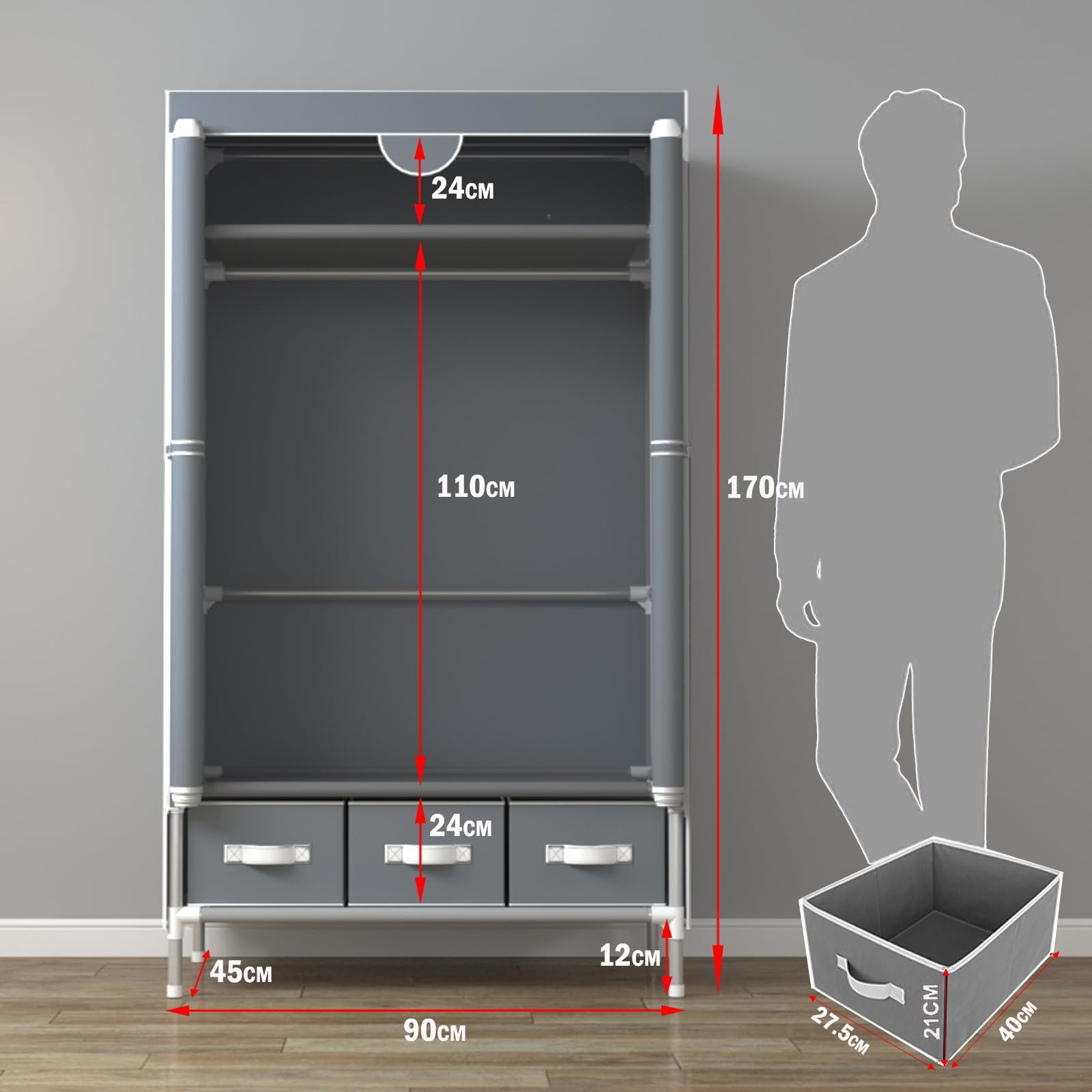 Armoire portable en toile avec 3 tiroirs Gris 90 x 45 x 170 cm