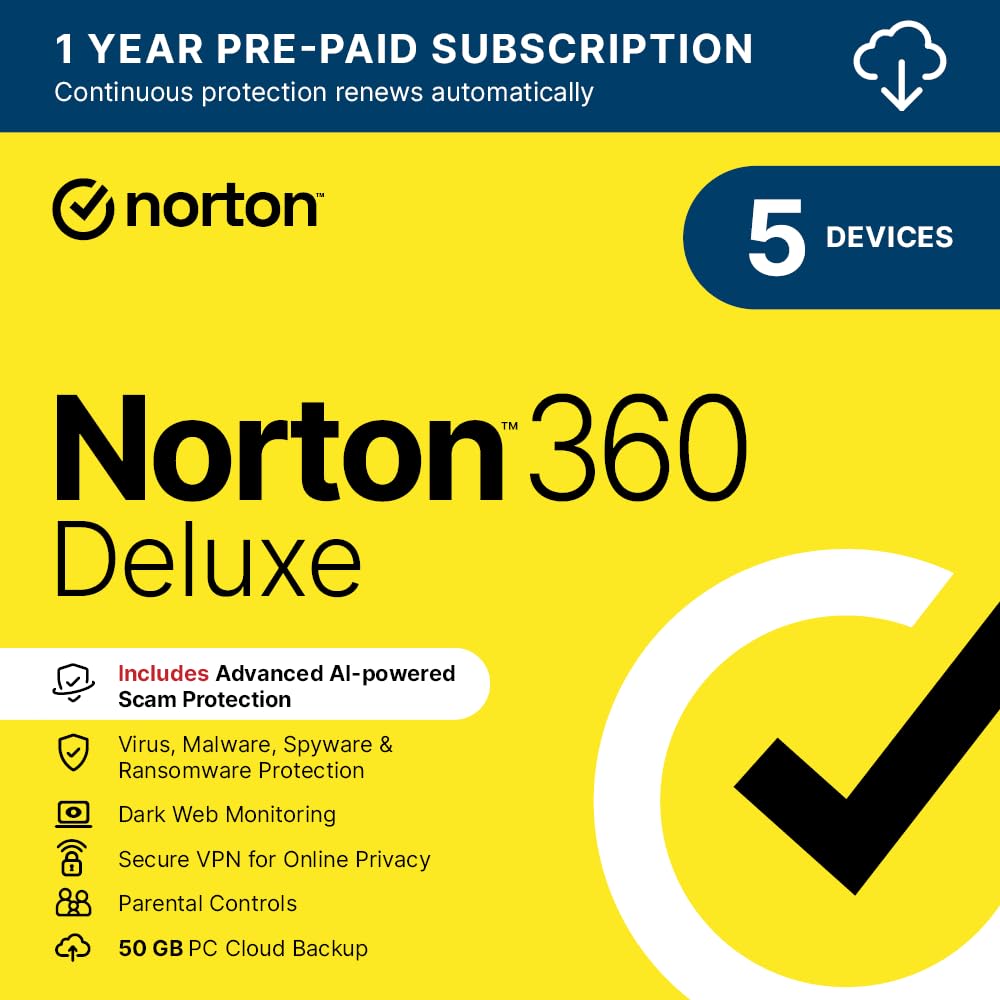 Norton 360 Deluxe 2026, Antivirus software for 5 Devices and 1-year subscription with automatic renewal, Includes Secure VPN and Password Manager, PC/Mac/iOS/Android, Activation Code by email