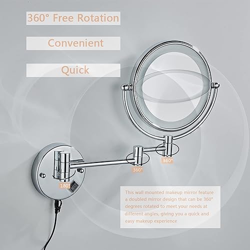 Miniatura 4 de Espejo de maquillaje montado en la pared con luces LED, espejo cosmético redondo de doble cara con luz y aumento, retráctil y extensión espejo