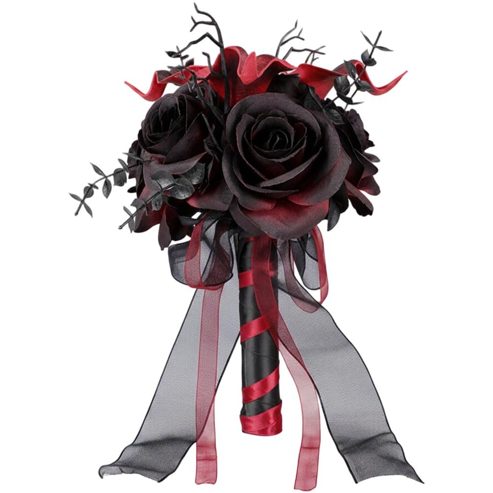 Sslvya Gothic Bridal Bouquets, Halloween Black Fake Flower Bouquet, Artificial Holding Flowers Wedding Bouquets for Brides Bridesmaids Halloween Anniversary