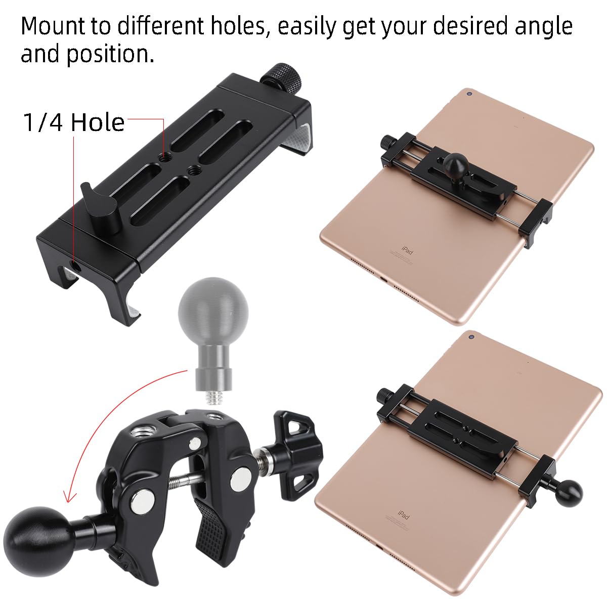 Supporto per tablet in alluminio per microfono, supporto laterale per tutti gli iPad, girevole a 360 gradi con morsetto super compatibile per iPad Pro 12.9, Air, Mini, Galaxy Tabs, tablet da 4,7-15