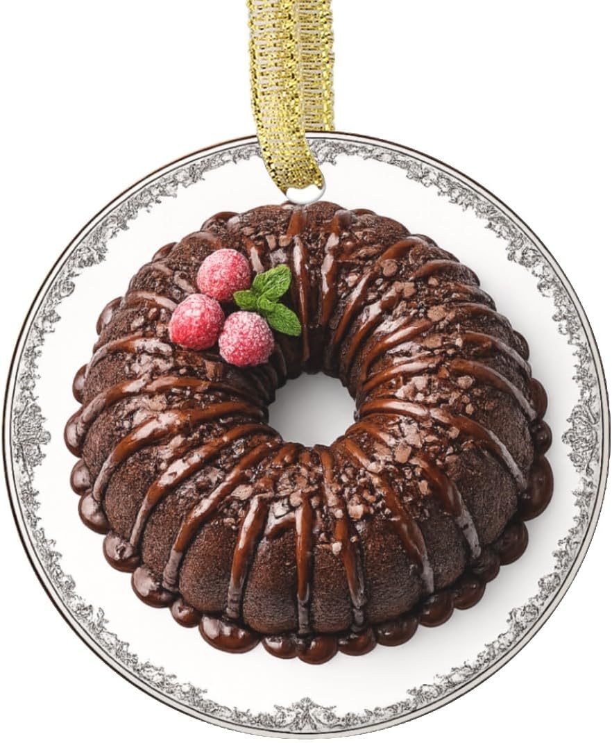 Chocolate Fudge Bundt Cake Dark Chocolate Bakery Dessert Cake Ganache Frosting Personalized Food Flat Printed Image on Ceramic Ornament – NOT 3D, Custom Text Back, Christmas Ornament