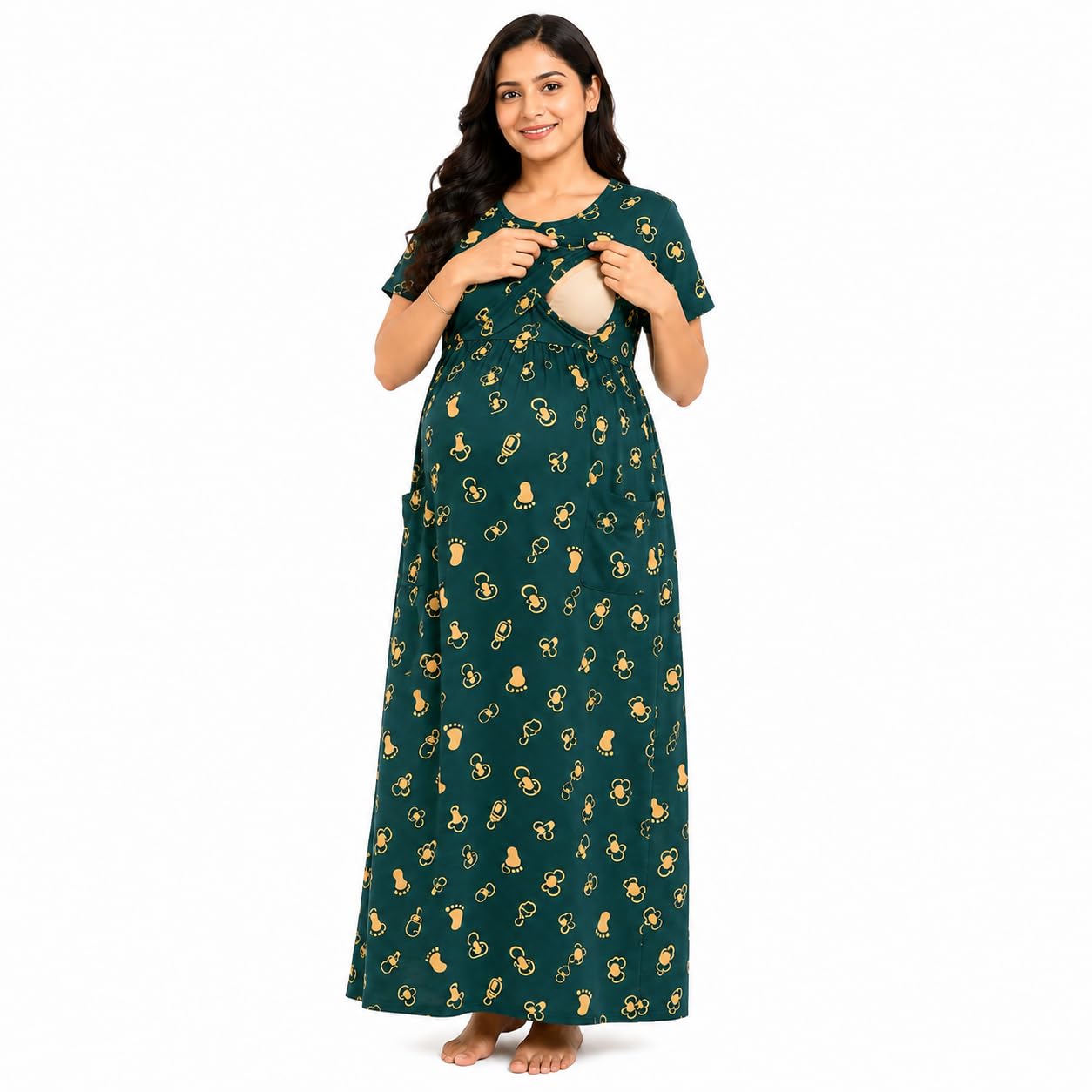 Women's Cotton Maternity Dress | Feeding Dress with Easy Breastfeeding Access | Nursing Dress | Pregnancy Wear | Round Neck | Relaxed Fit | Pocket & Adjustable Tie-image-47