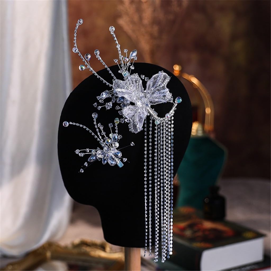 Bridal Wedding White Veil Tiara Crystal Hairpin Earrings Set Korean Hair Accessories
