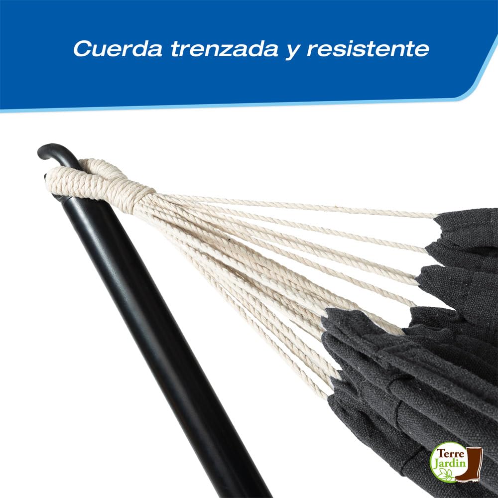TERRE JARDIN - Hamaca con Soporte, de Metal, Carga Máx 130 kg - Hamaca con Soporte, Lona de Tela de Poliéster, Negra - Hamaca Colgante Jardín Balcón Exterior y Terraza - Resistente al Agua