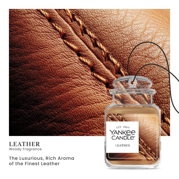 Image of Yankee Candle Car Jar Ultimate Air Freshener, Hanging Car Freshener, Long Lasting Car Fragrance (Leather)