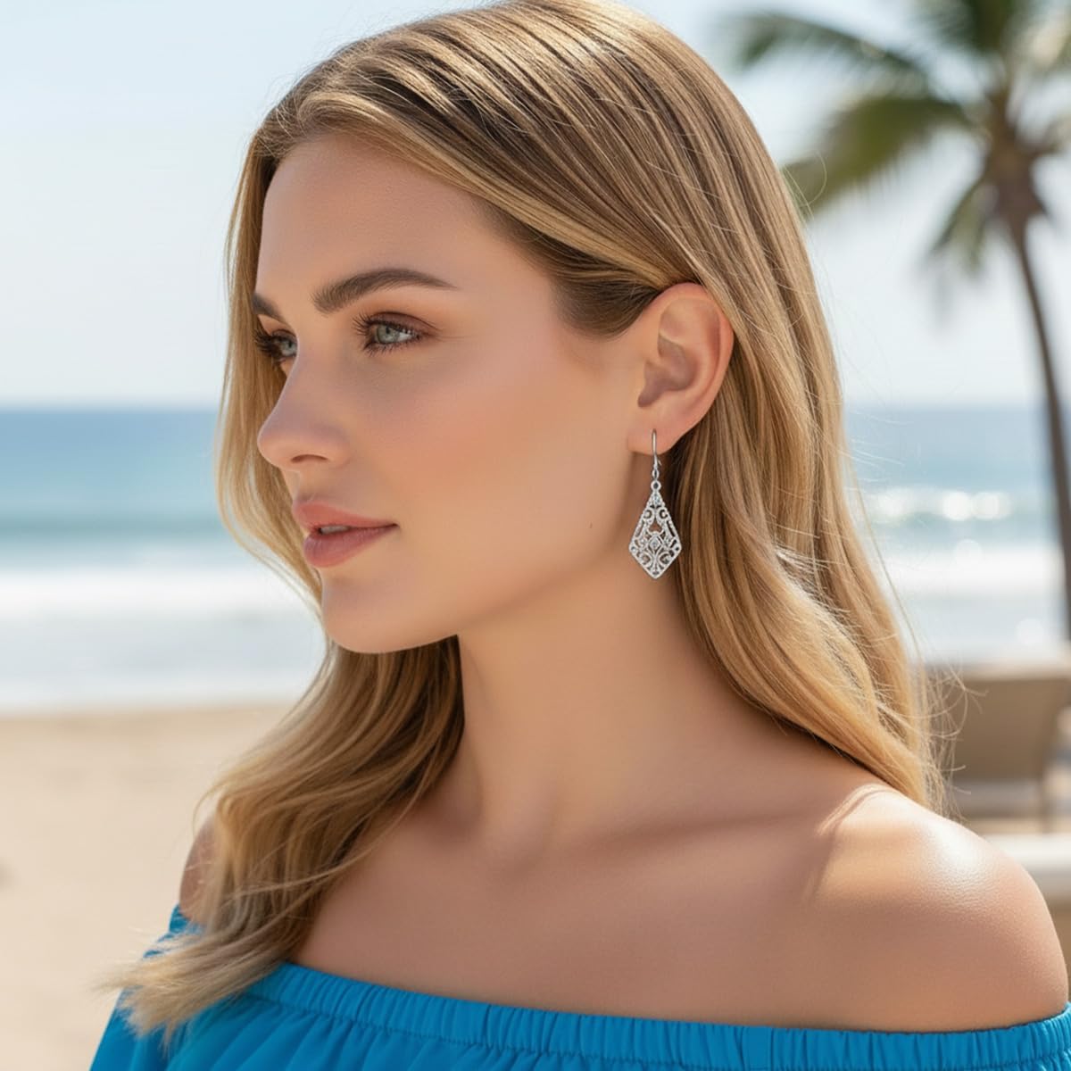 14K Gold/Silver Plated Vintage Filigree Dangle Earrings - Lightweight Geometric Drop Earrings with Secure Leverback, Hypoallergenic Boho Jewelry for Party Wedding Everyday Wear Gifts for Women - Image 4