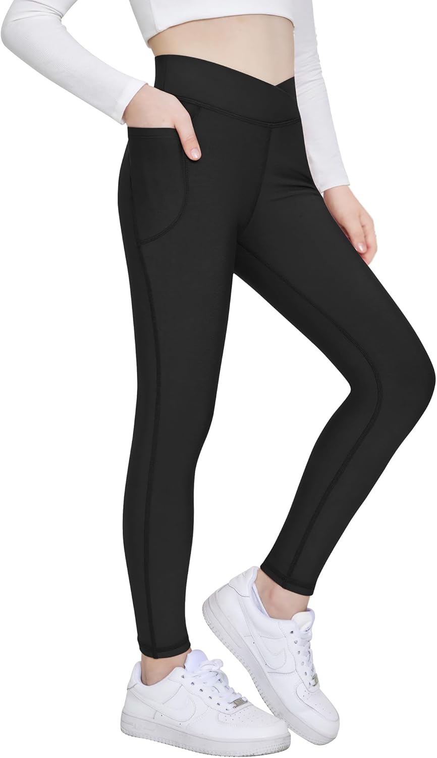 Zaclotre Girls Fleece Lined Leggings Kids Water Resistant Winter Warm Crossover Athletic Yoga Pants with Pockets