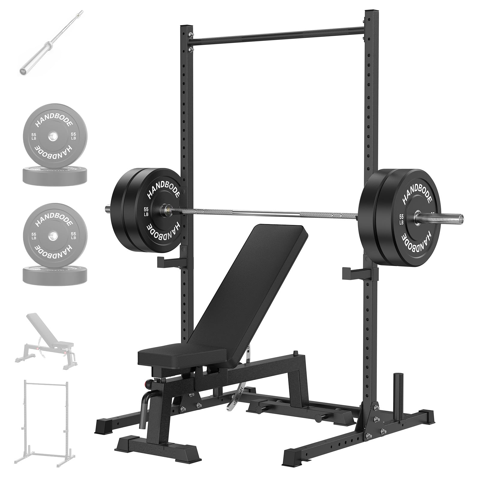 HANDBODE Squat Rack, 7ft Barbell, Weight Bench, Weight Plates Set 220 lb, Home Gym Equipment, Silver