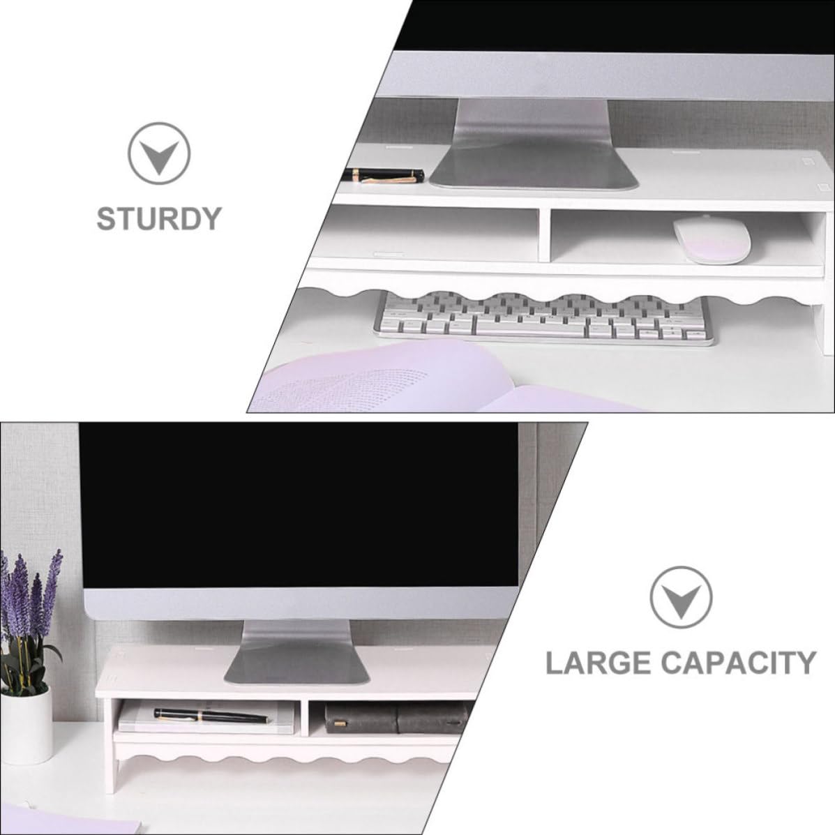 Supporto per Monitor da Tavolo Bianco con Ripiano Organizer | Composito Pvc Legno-plastica, Capienza Ampia, Uso Ufficio, Struttura Stabile per Impiego Prolungato