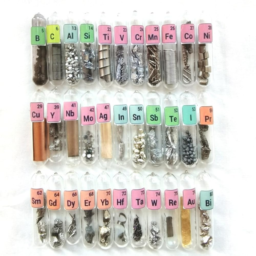 Pure Element Samples Kit for Periodic Table Collection Rare Earths Metals Vials Ampoule Combination Good as Gift for Students, Education, Business Gift, Display, DIYs (Average, 33 Sealed, 1)