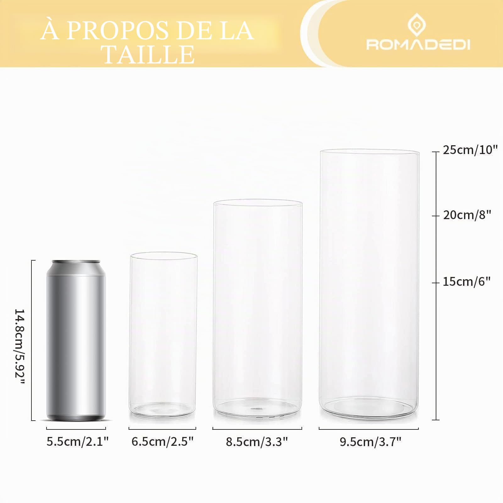 Romadedi Vase Cylindrique en Verre Photophore - Lot de 6 Vases Transparent Haut pour Bougie Décoration Centre de Table Mariage Decoration Maison Salon Anniversaire