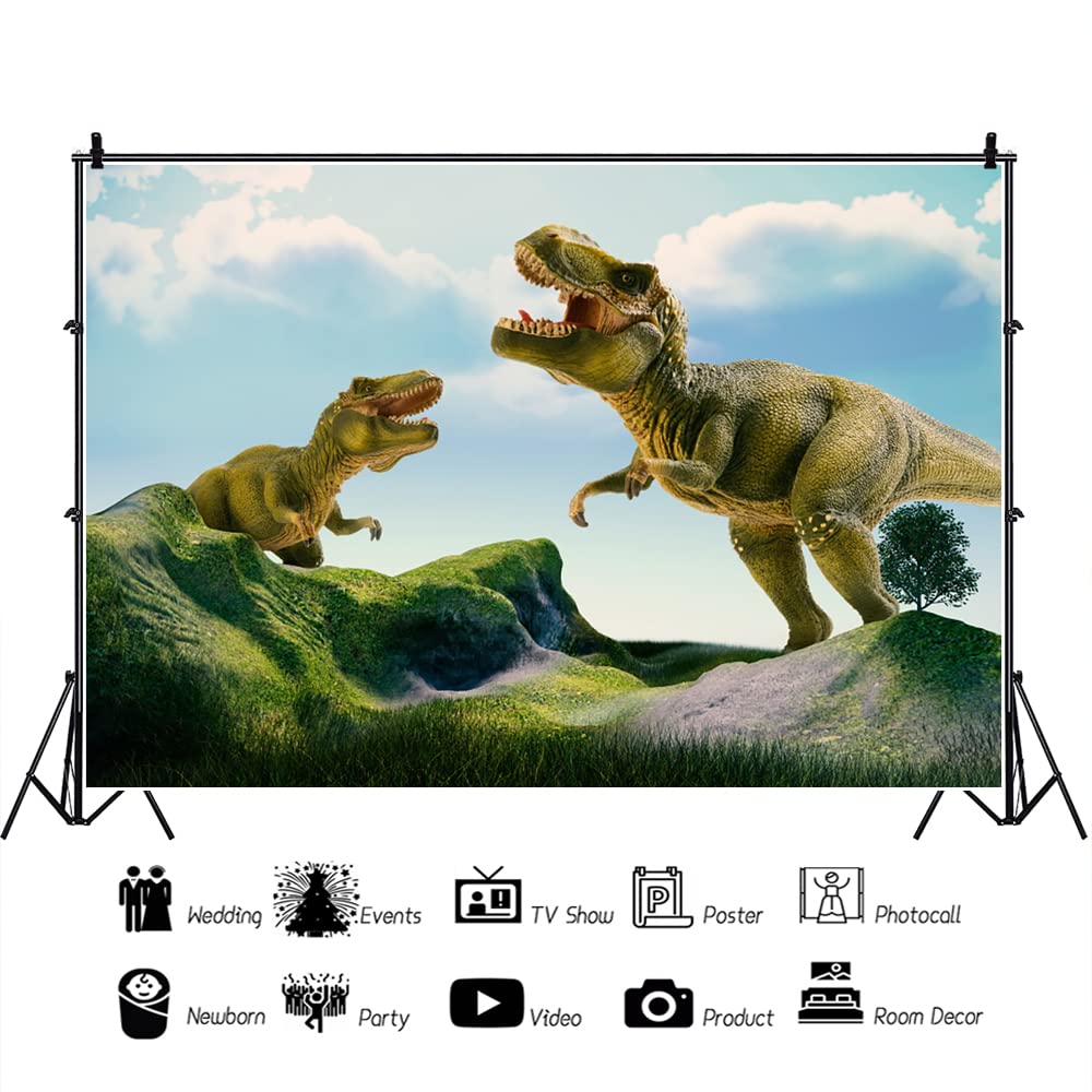 YongFoto 2,2x1,5m Sfondo di dinosauro Tirannosauro Rex Ingombranti Erba Albero Jurassico Sfondo di fotografia Festa a tema Dino Bambini Tavolo per torta di compleanno Photo Booth Prop