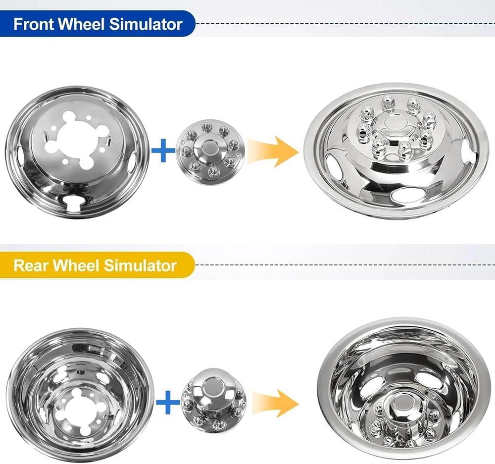 4pcs 16inch Polished Stainless Steel Dually Wheel Simulators for 2001-2007 Chevry GMC 3500 Truck,2003-2021 G3500/G30 Van,8 Lug 4 Hand Holes Wheel Cover Hubcaps