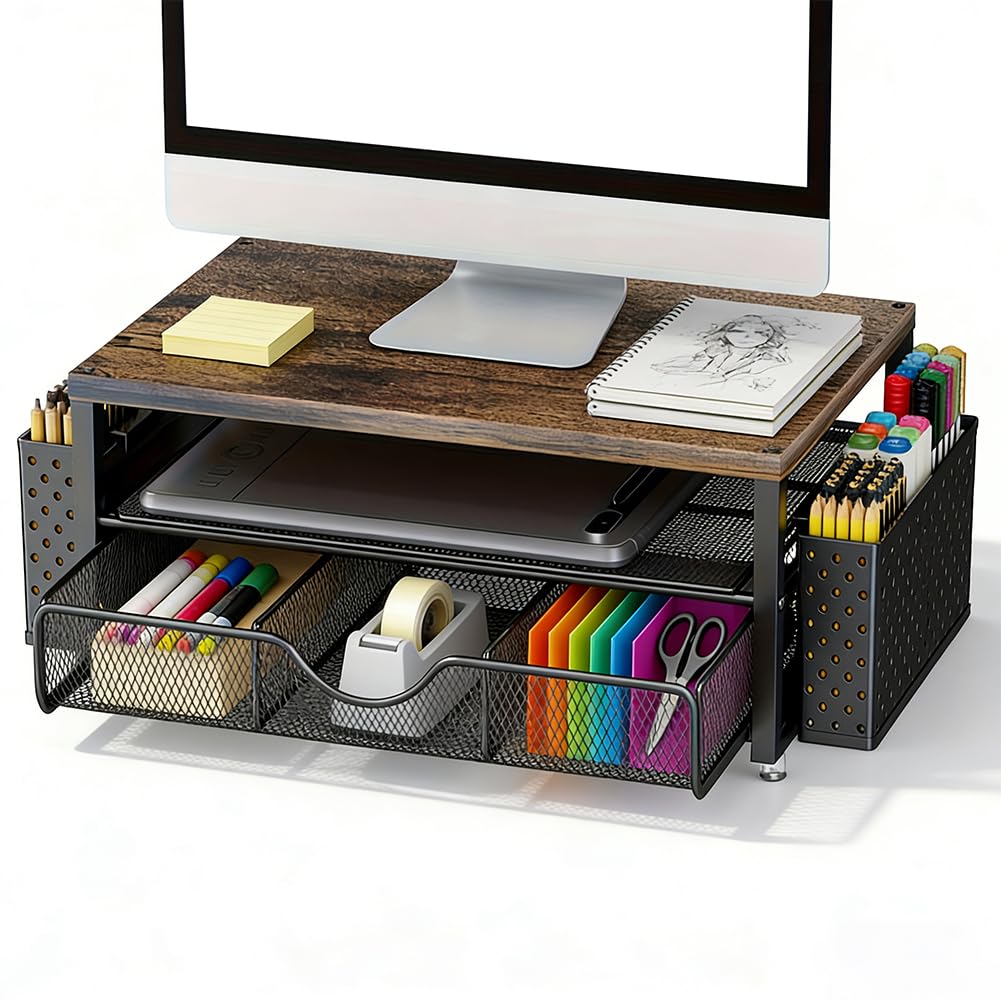 Supporto per monitor con cassetto, organizer da scrivania per schermo e laptop, ergonomico rialzo per monitor come accessorio per scrivania e gadget (nero)