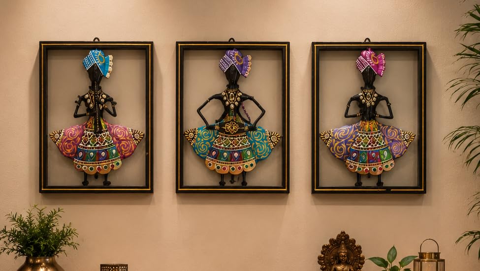 Image of iHandikart Metal Wall Art Set of 3 for Home Decor | Hand-Painted Rajasthani Folk Lady Wall Hanging | Hand-Painted Iron Wall Sculpture for Living Room, Bedroom & Home Decor | 10.5 x 8 Inch Each