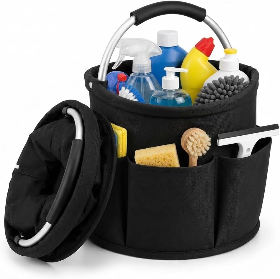 Cleaning Caddy with Handle, 17L Cleaning Products Organiser, Foldable Storage Basket for Cleaning Supplies , Portable Multi Cleaning Bucket Bagfor Home Organization, Workshop, Garden, and Travel
