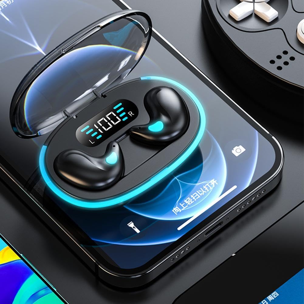 Écouteurs Bluetooth invisibles sans fil, ultra petits, antibruit, pour dormir sur le côté, lecture 24 heures avec affichage LED (noir)
