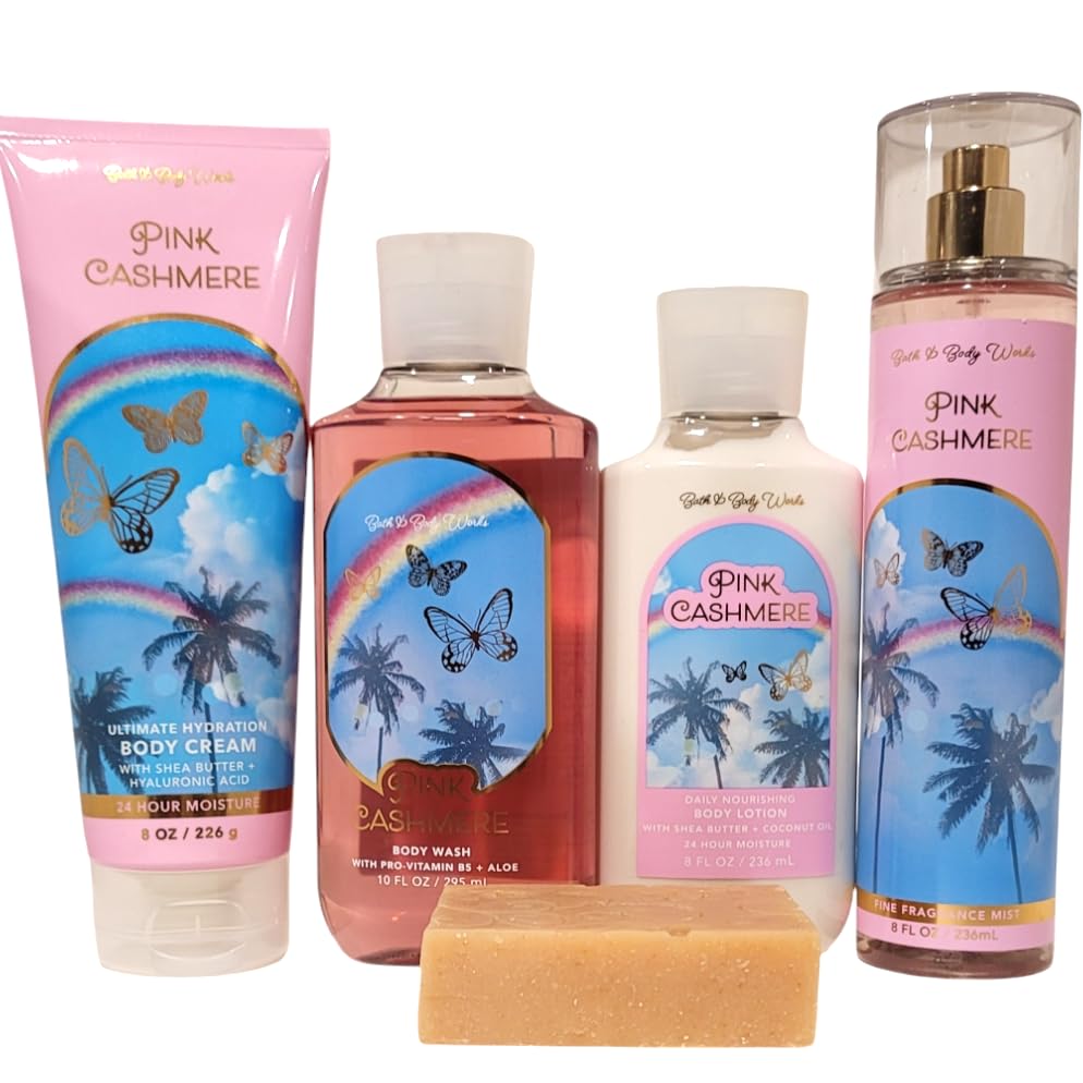 Bath and Body Pink Cashmere Gift Set - Body Wash - Body Cream - Body Lotion - Fine Fragrance Mist - Rosebud Ranch Goat Milk Soap Sample