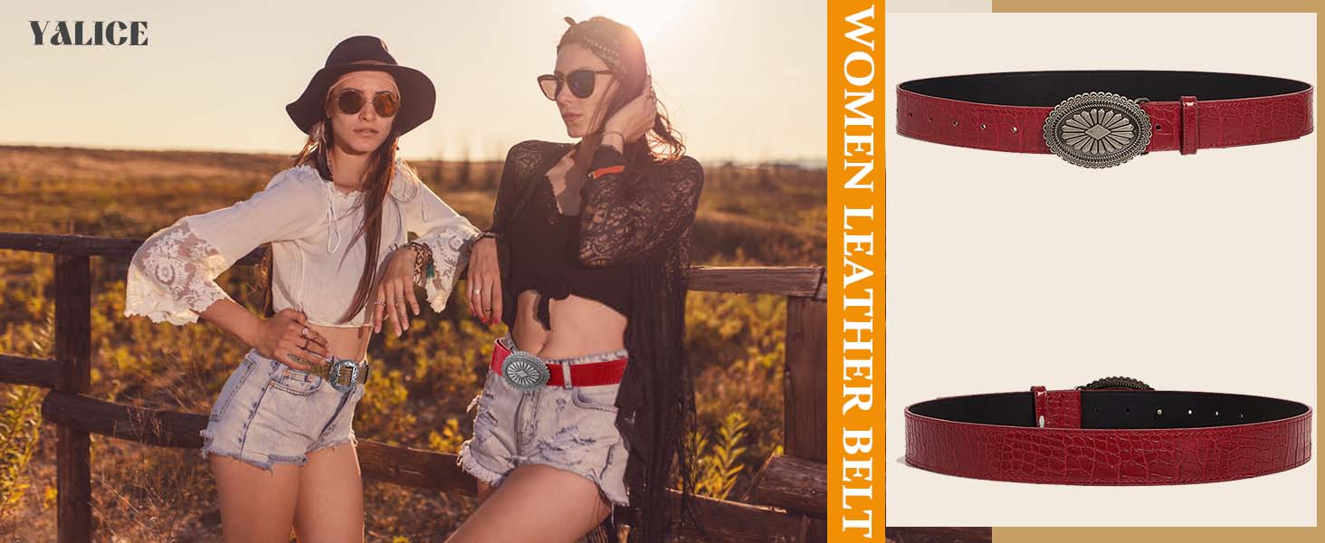 1135 Women Red Leather Belt Y2k Cowgirls Belts Vintage Buckle Jeans Waist Leather Cowgirl Red Belts for Women for sale | eBay main image 3