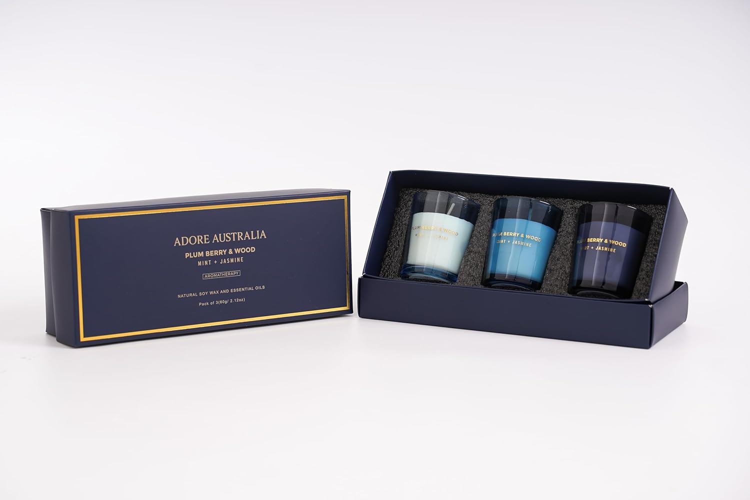 Plum Berry & Wood Scented Candles Gift Set, Mint + Jasmine, 3-Pack in Blue Glass
