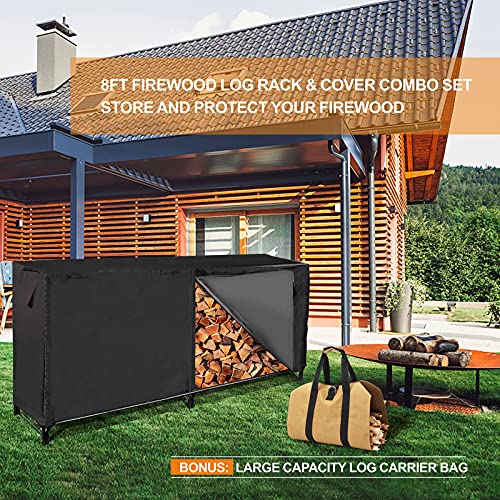 Emalie 8Ft Outdoor Indoor Firewood Log Rack With Waterproof Cover And Log Carrier Tote Bag, Heavy-Duty Fire Wood Storage, High Capacity Log Holder Stand For Fireplace Easy Assemble | Black #TOP1