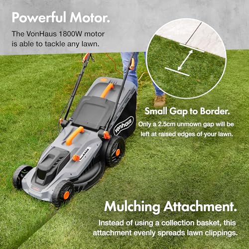 VonHaus Lawnmower 1800W – Electric Corded Lawn Mower for all Types of Grass – 52L Collection Bag, 430mm Working Width, 12m Cable, Foldable Height Adjustable Handlebar, 5 Depth Settings, Carry Handle 2 VonHaus Lawnmower 1800W – Electric Corded Lawn Mower for all Types of Grass – 52L Collection Bag, 430mm Working Width, 12m Cable, Foldable Height Adjustable Handlebar, 5 Depth Settings, Carry Handle - Image 2