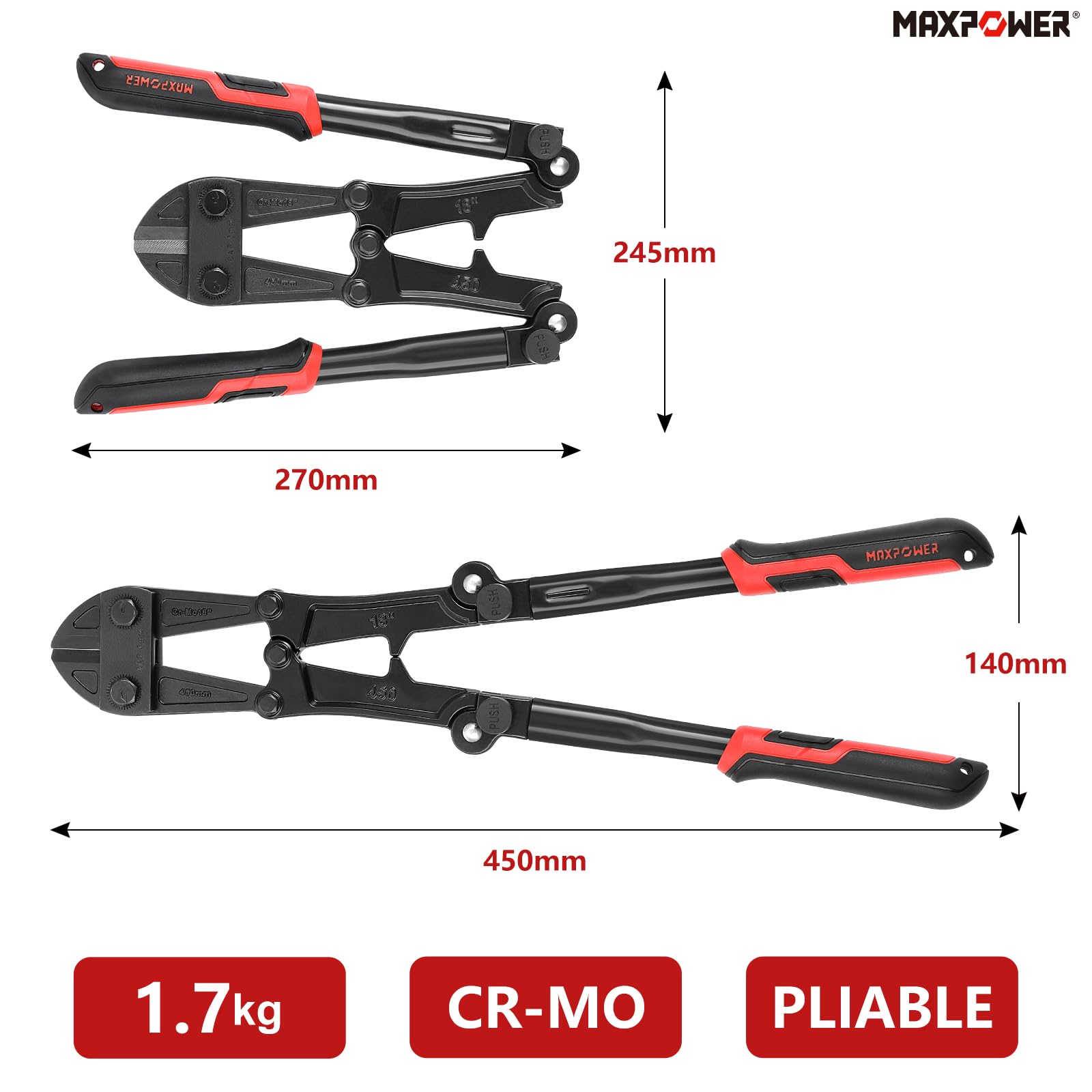 MAXPOWER Coupe-boulons 450mm Capacité de Coupe 6mm- Coupe Boulon une ouverture maximale de 18 mm pour Chaînes, Rivets et Plus Encore - 14 Pouces