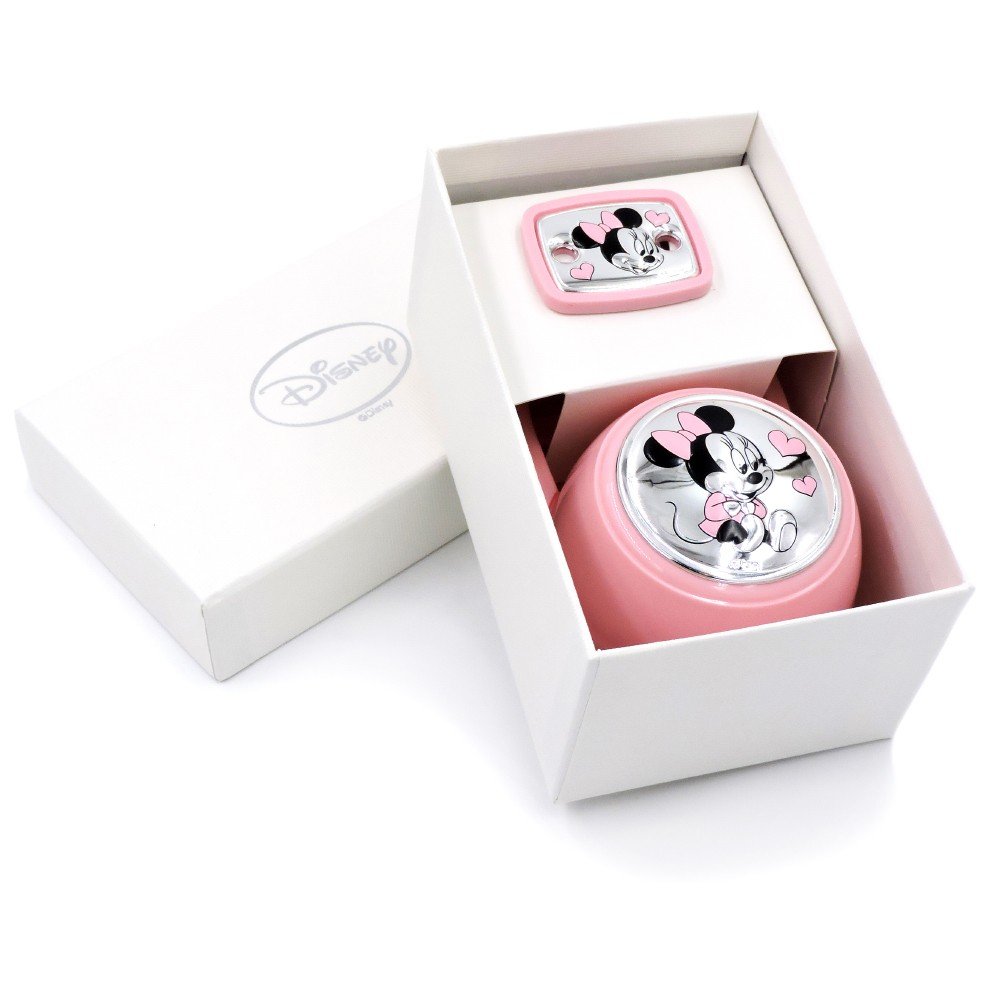 VALENTI & CO. Disney Baby Minnie Mouse Cornice Porta Foto Da Tavolo In Argento Per Neonato E Bambina & Disney Clip Ciuccio, Catenella Portaciuccio Con Box In Argento (Rosa)
