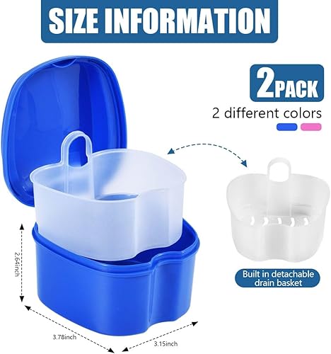 Miniatura 9 de Paquete de 2 cajas de baño para dentaduras postizas, contenedor de almacenamiento con cesta coladora para limpieza de viajes (azul claro y azul)