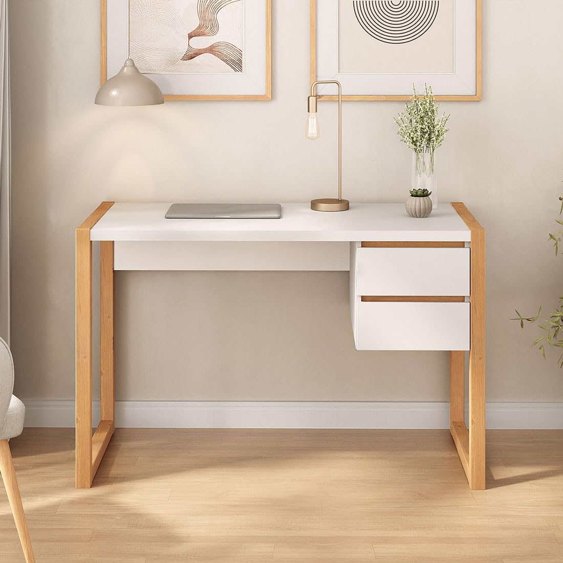 IDIMEX Schreibtisch Belinda mit 2 Schubladen, Weiß/Eiche – Home Office Tisch aus Kiefer Massivholz, Modernes Design mit praktischem Stauraum