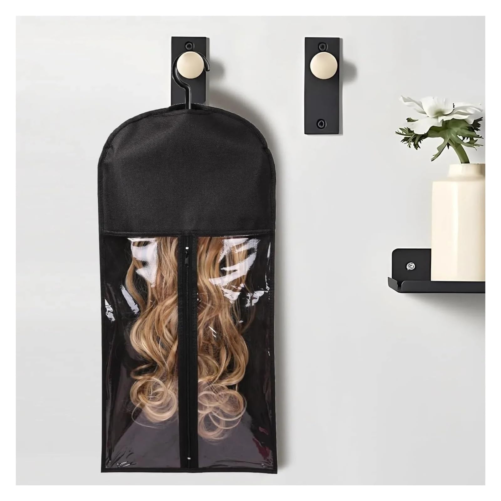 PerüCken Aufbewahrungsbeutel Haarverlängerungshalter, Perücken-Aufbewahrungstasche mit Aufhänger, Haarteile, Pferdeschwanz-Bündel, Aufbewahrungstasche for Reisen im Store Style Hair(Black-3pcs)