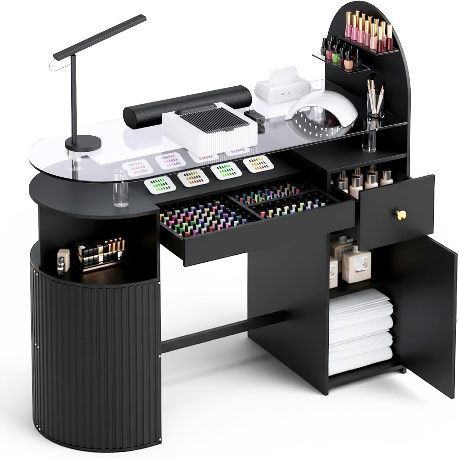 Close-up of the drawer with DIY dividers and adjustable shelf in the cabinet