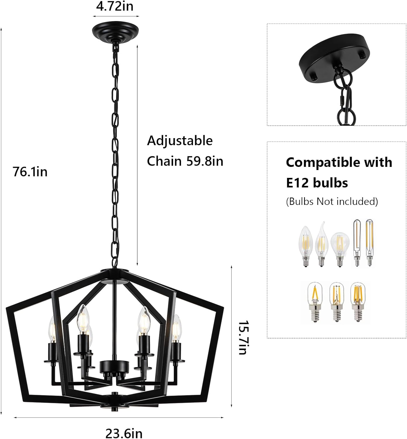 23.6" Modern Chandelier Kitchen Island Lights Fixture Adjustable Farmhouse Black Chandeliers for Dining Room 6 Light Rustic Lantern Ceiling Lighting for Bedroom Living Room Entryway, E12