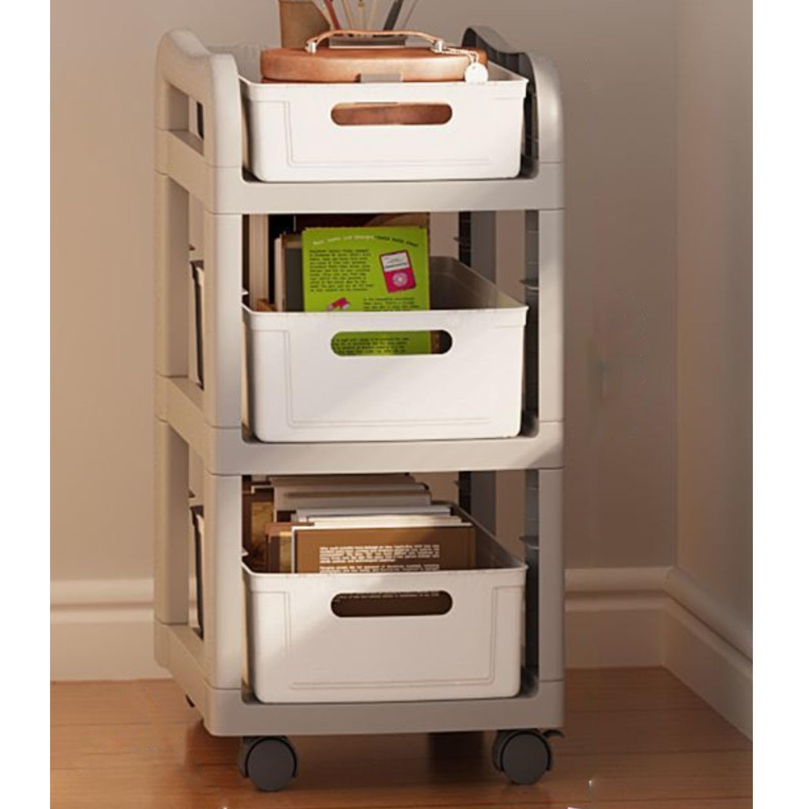 WEIDPHL Multi-Tier Storage Cart with Drawers, Toys Organizer Unit, Simple Mobile Bookshelf, Narrow Rolling Cabinet, Movable Storage Cart for Living