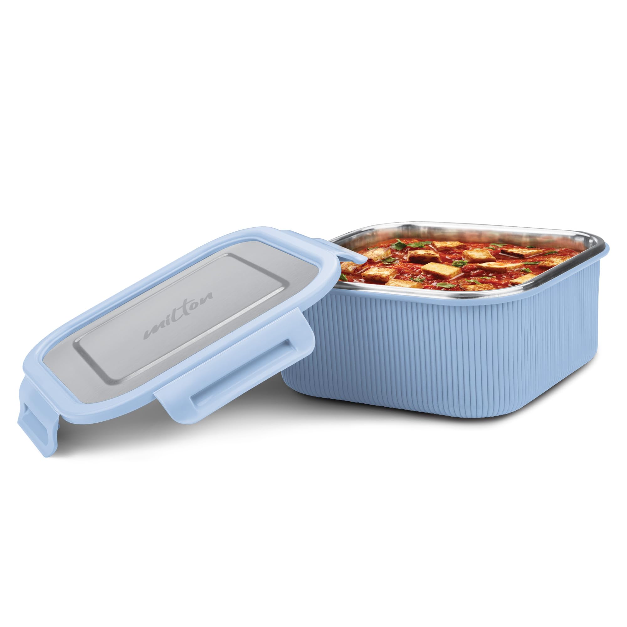 MILTON Cool Touch Square 1600 Stainless Steel Container, 1580 ml, Blue | Microwave Safe | Food Grade | BPA Free | Refrigerator Safe