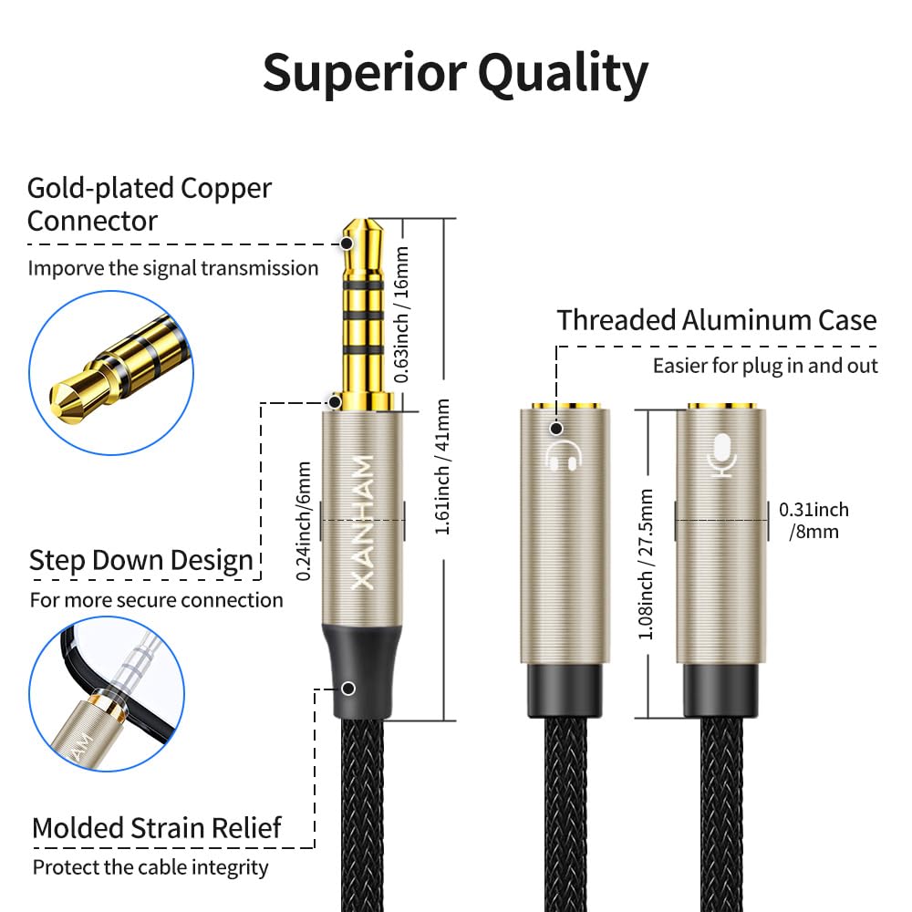 Cavo splitter per cuffie da 3,5 mm a forma di Y da 1/8 di pollice 2 TRS femmina a 1 TRRS maschio per microfono e audio a 4 poli, cavo adattatore stereo compatibile con laptop, smartphone, PC