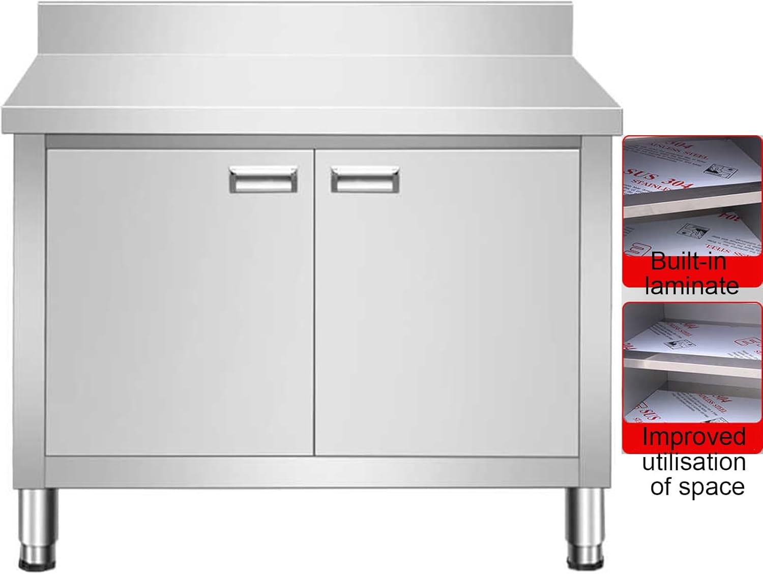 Stainless Steel Pair Door Workbench with Backrest Commercial Kitchen Restaurant Prep Table Built-in Handle Metal Work Table Stainless Steel Storage Cabinets with Platforms Easy to Clean(90x60x80cm/35.