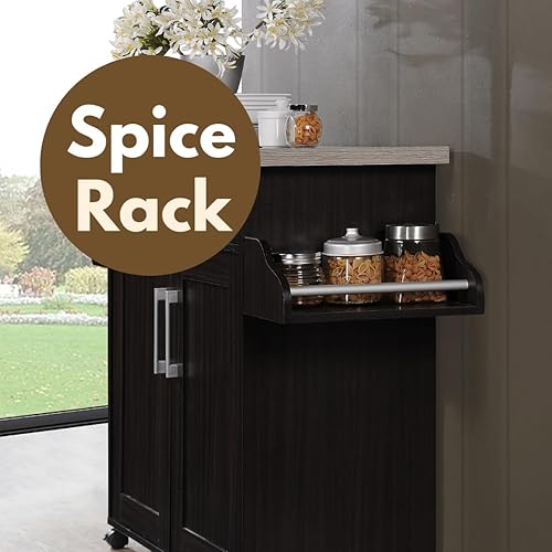 Miniatura 5 de Hodedah Carrito de isla de cocina de madera rodante con estante para especias, toallero, cajón de utensilios y gabinete, blanco con tapa de haya