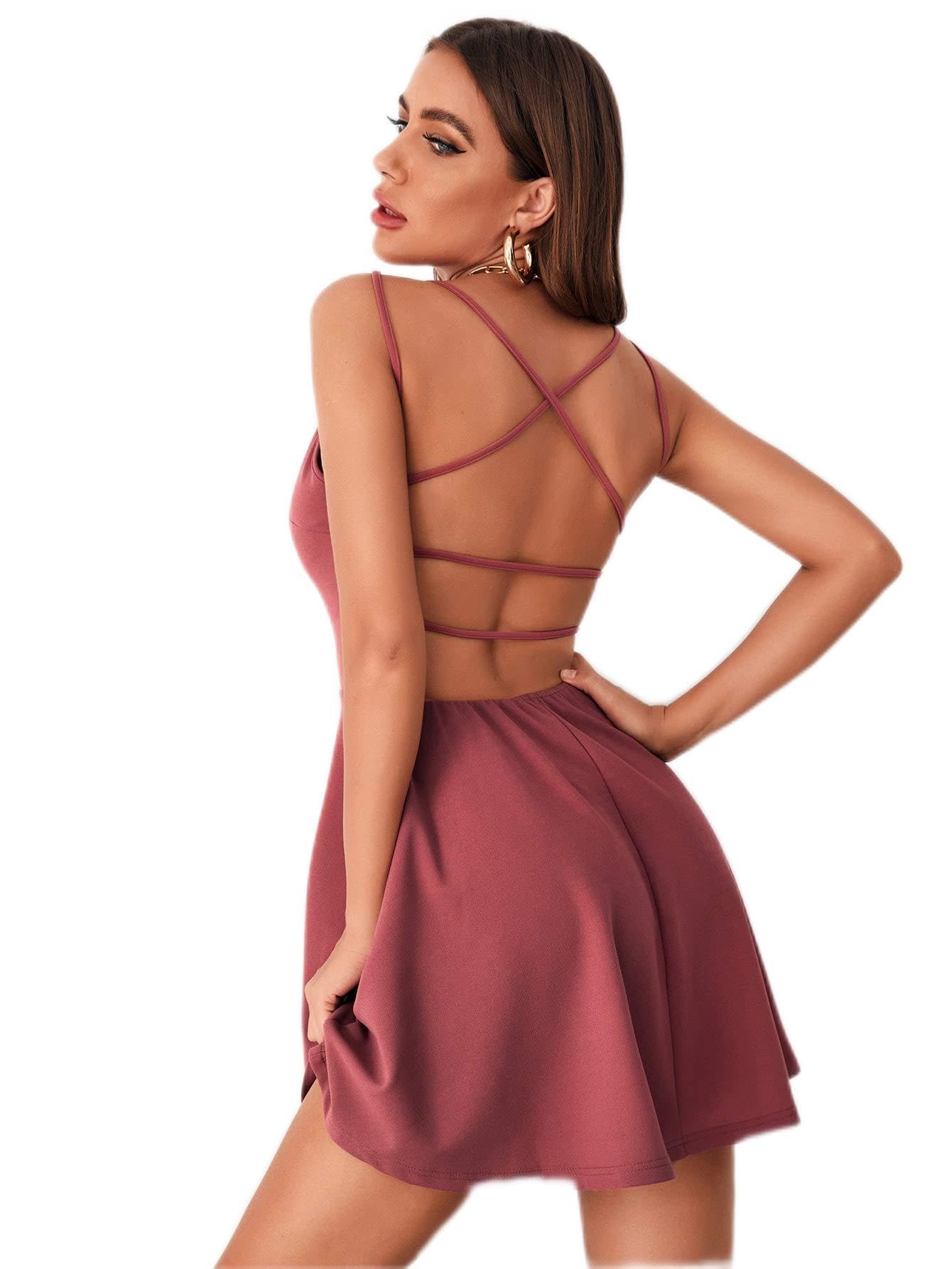 Neeno Women's Dresses Crisscross Open Back Fit and Flare Dress Dress for  Women (Color : Dusty Pink, Size : Medium) at Amazon Women's Clothing store