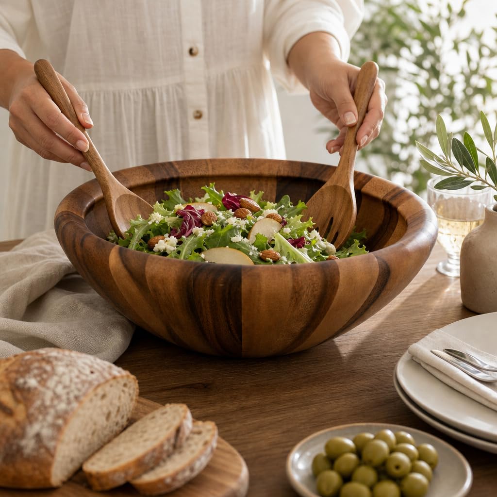 Arthur Court Moderne Schüssel aus Akazienholz, für Obst oder Salate, 15,2 cm hoch, 40,6 cm Durchmesser, gewellt, groß