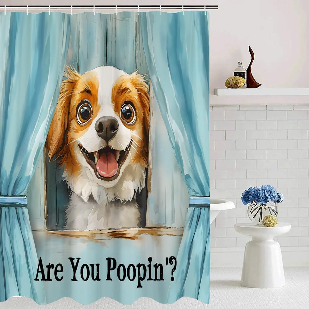 Funny Dog Shower Curtain are You Poopin' Puppy Pet Modern Fun Watercolor Cartoon Fabric Bathroom Decor Curtain with Hooks, 78Wx70H