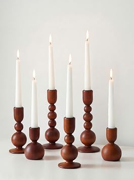 NUPTIO Wooden Taper Candle Holders, Set of 6 Brown Candlesticks