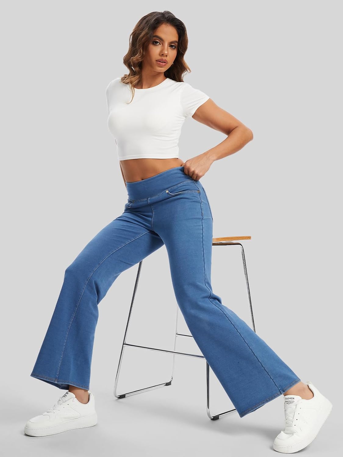 Women’s High Waisted Jeans Pants Stretchy Pull On Bootcut Pants with Pockets Soft Wide Leg Casual Everyday Trousers - Image 6